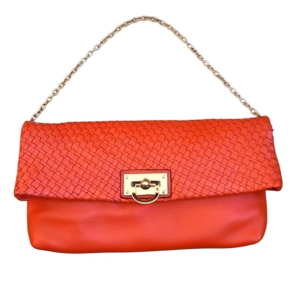 NEW! Banana Republic Woven Leather Clutch with Chain Strap Purse Bag Orange - Picture 1 of 8